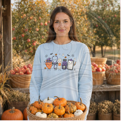 Chambray long sleeve Halloween healthcare shirt styled at a pumpkin patch