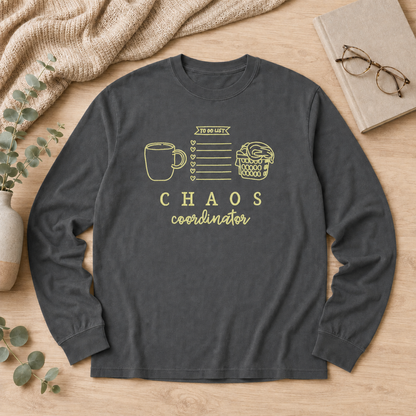 Pepper Comfort Colors 6014 long-sleeve Chaos Coordinator embroidered mom shirt flat lay