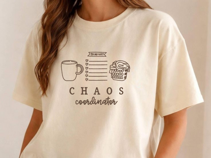 Ivory short-sleeve Chaos Coordinator embroidered adult shirt on model
