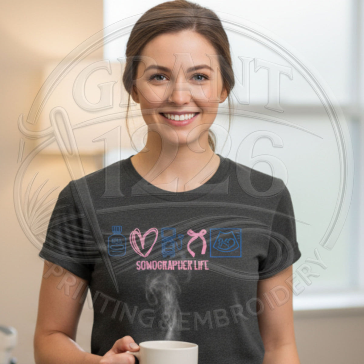 Charcoal Comfort Colors shirt embroidered with a Diagnostic Medical Sonographer design