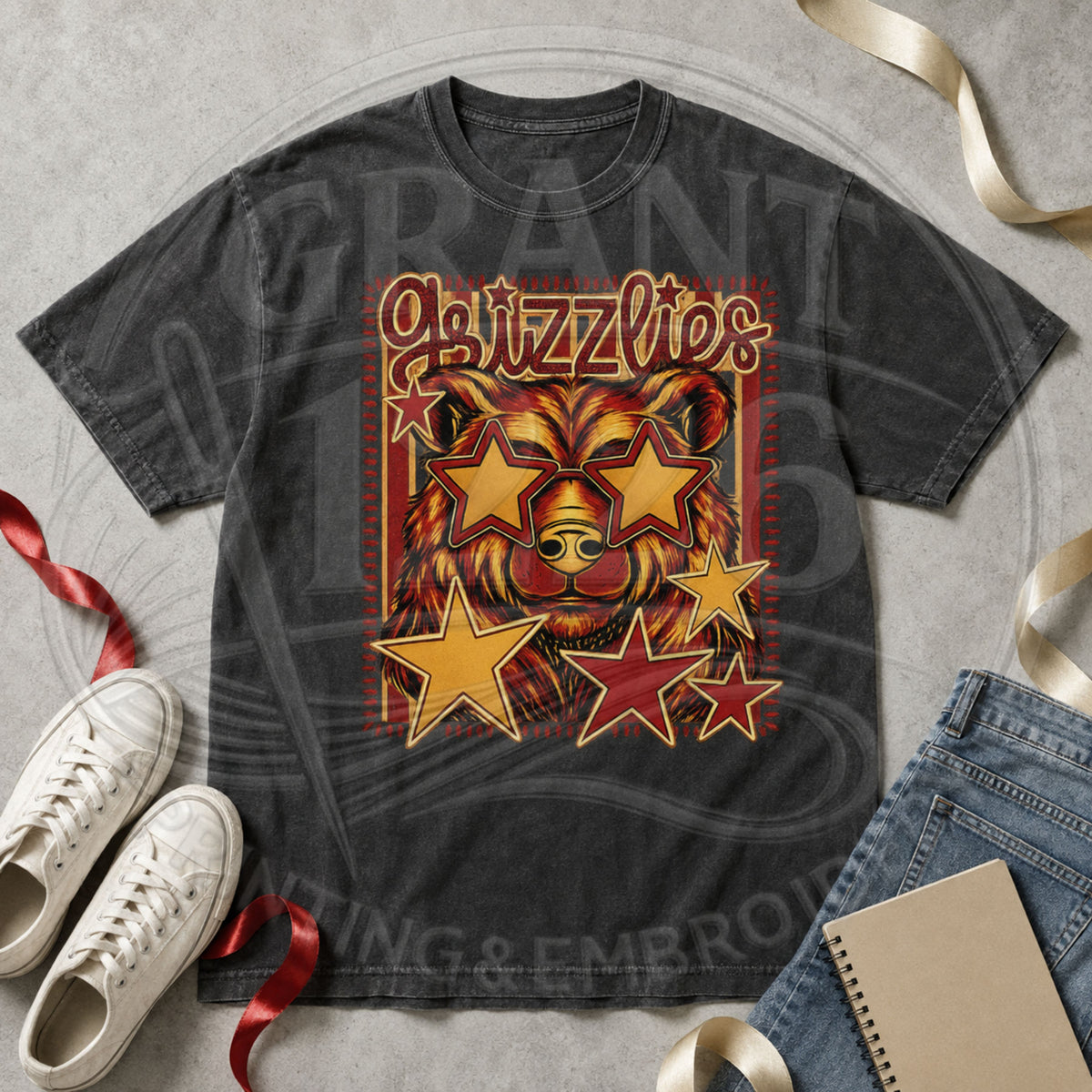 Charcoal Labette County Grizzlies Comfort Colors T-shirt with retro bear mascot and star sunglasses