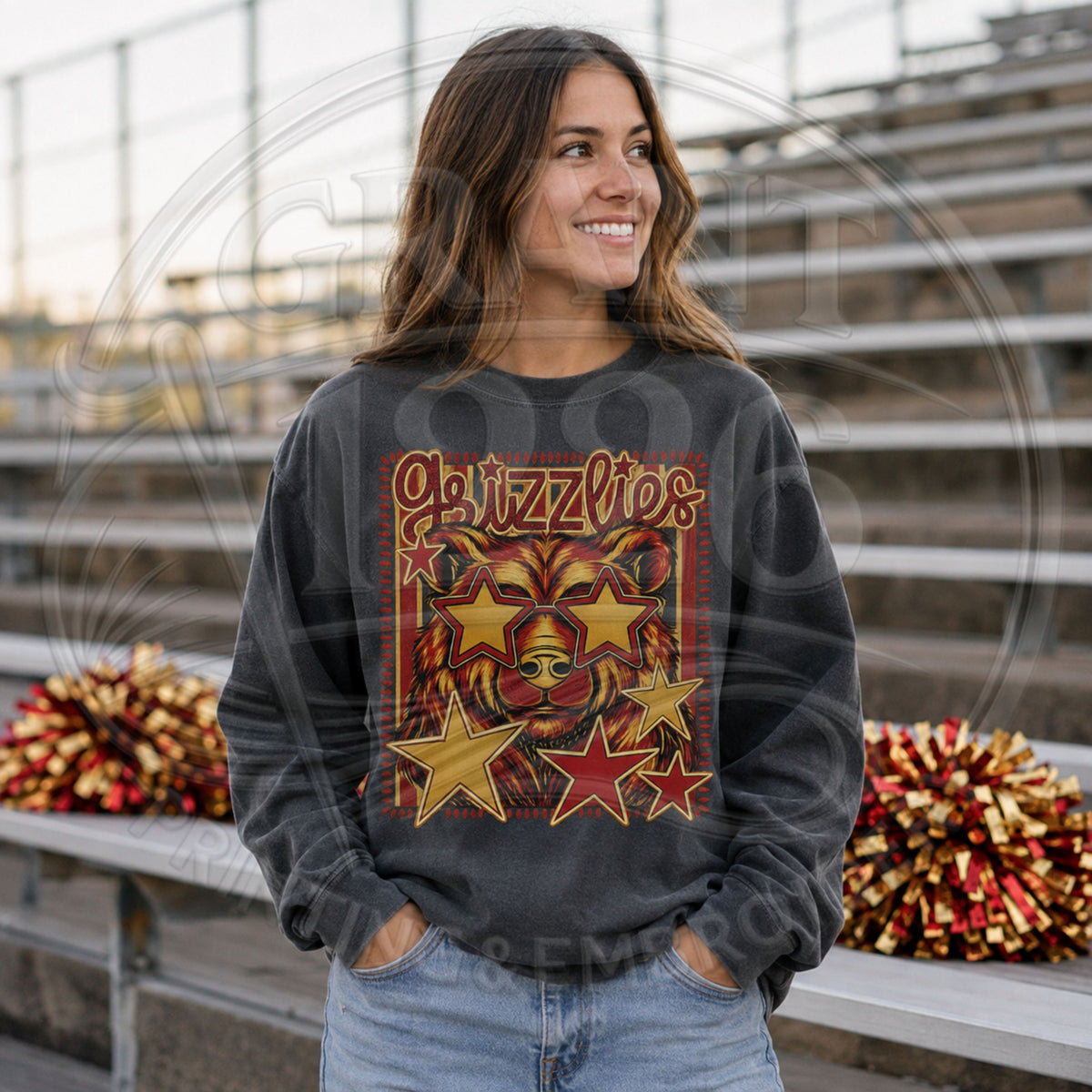 Woman wearing charcoal Labette County Grizzlies long sleeve spirit shirt with retro bear mascot