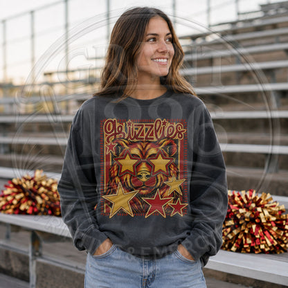 Woman wearing charcoal Labette County Grizzlies long sleeve spirit shirt with retro bear mascot