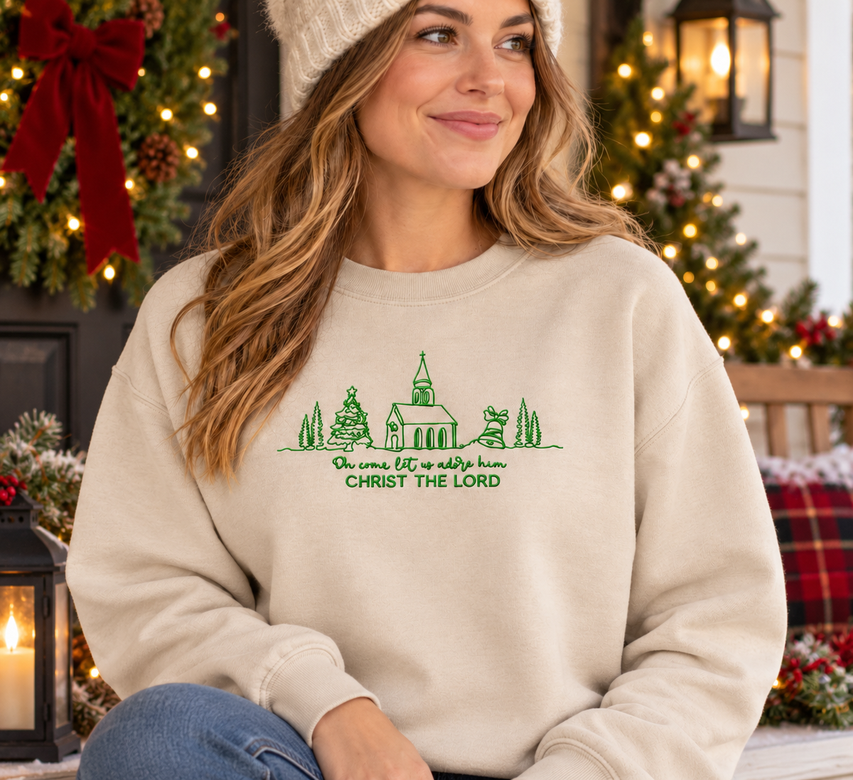 Sand Christ the Lord embroidered Christmas sweatshirt cozy holiday lifestyle