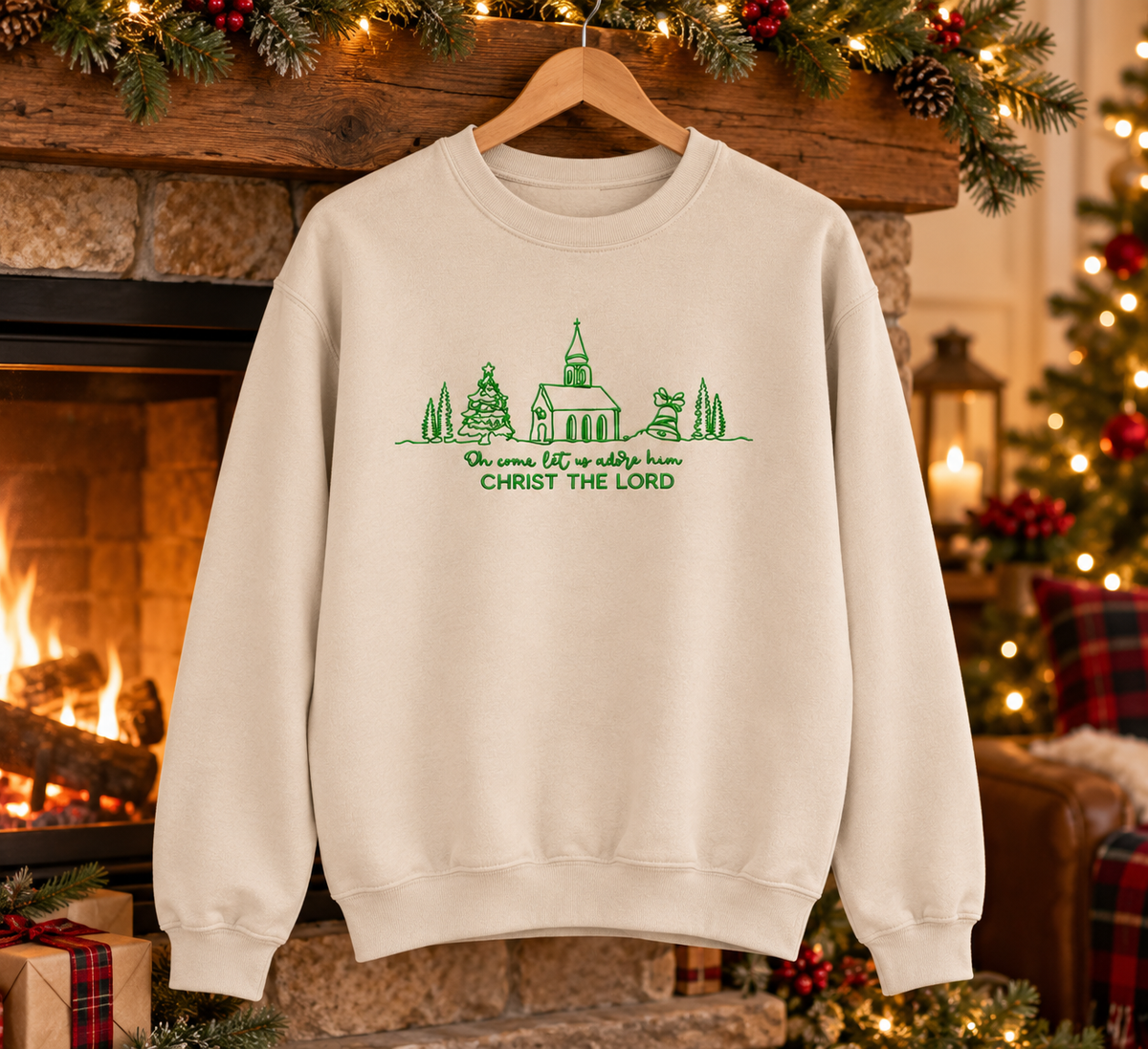 Sand Christ the Lord embroidered Christmas sweatshirt indoor lifestyle photo