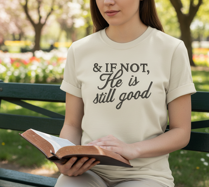 Woman wearing Ivory Christian Bible verse embroidered shirt