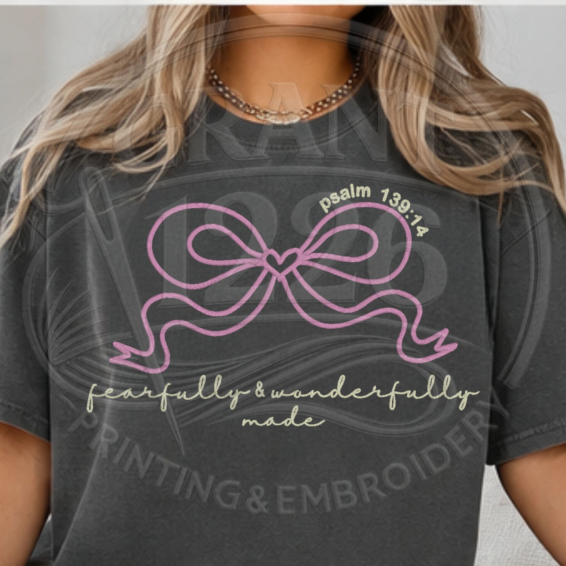 Pink embroidered Christian bow shirt inspired by Psalm 139:14