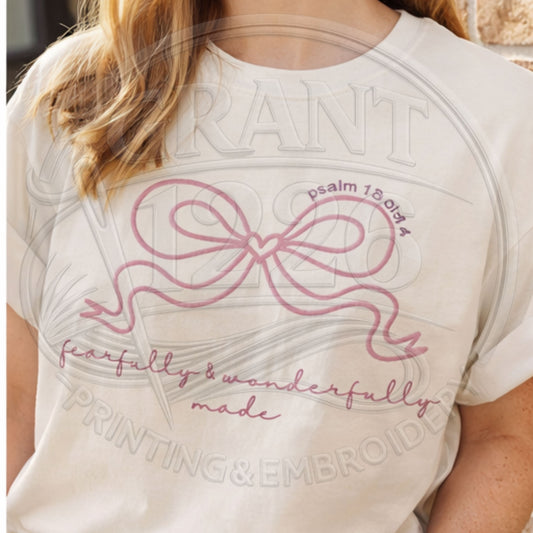 Fearfully and Wonderfully Made embroidered Christian shirt with pink bow design
