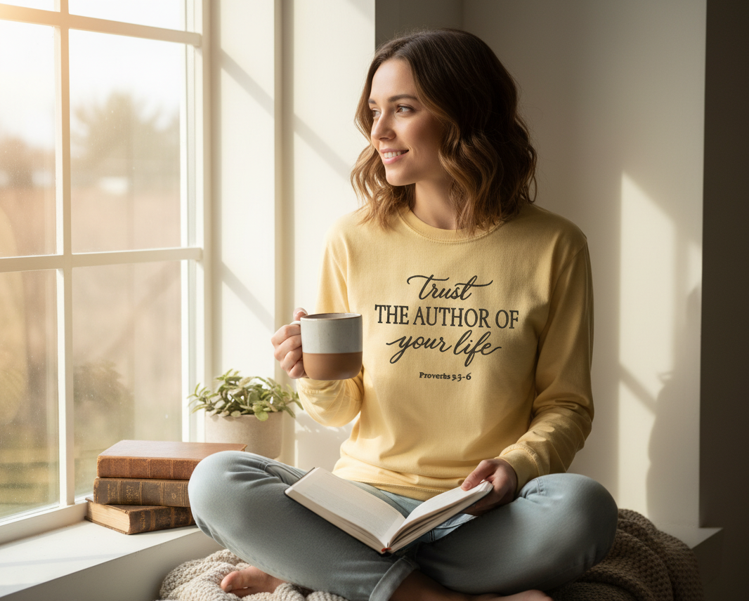 Woman sitting by a window wearing a butter embroidered tshirt.