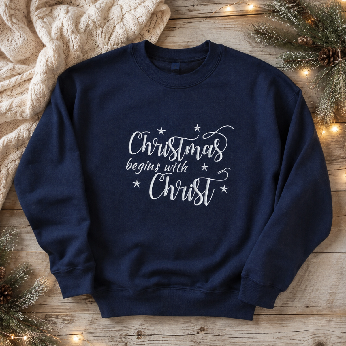 Christmas Begins With Christ embroidered sweatshirt in Navy with white thread