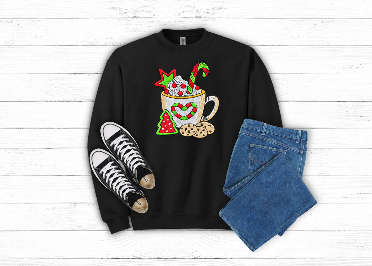 Christmas Cocoa and Cookies embroidered sweatshirt in Black flat lay