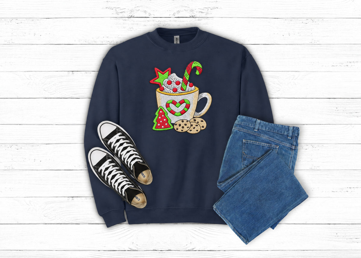Christmas Cocoa and Cookies embroidered sweatshirt in Navy flat lay