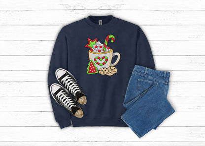 Christmas Cocoa and Cookies embroidered sweatshirt in Navy flat lay