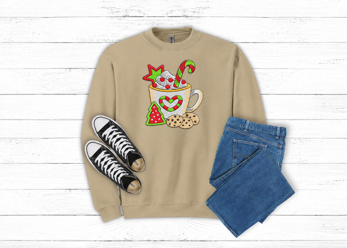 Christmas Cocoa and Cookies embroidered sweatshirt in Sand flat lay