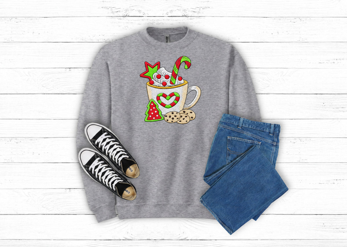 Christmas Cocoa and Cookies embroidered sweatshirt in Sport Grey flat lay