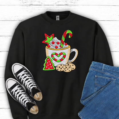 Close-up of cocoa mug candy cane and cookies embroidery on Black sweatshirt
