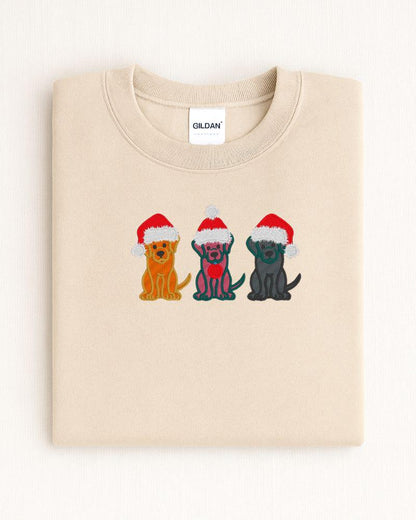 Christmas dog embroidered Gildan crewneck sweatshirt with three festive pups in Santa hats