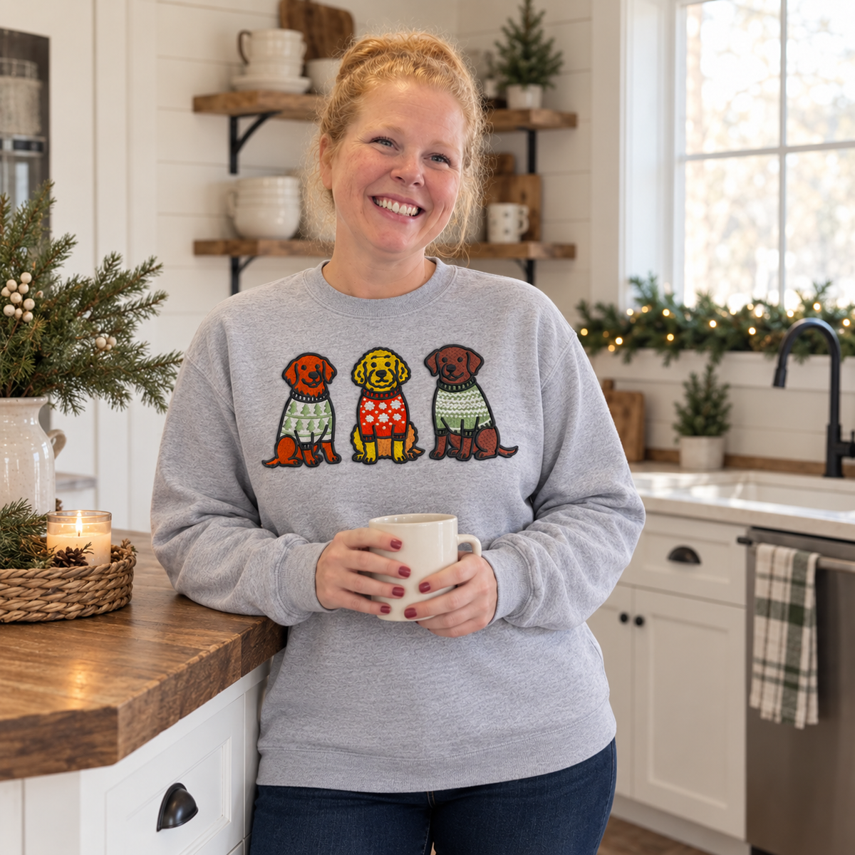 Samantha wearing the three-dog embroidered Christmas sweatshirt in a farmhouse kitchen