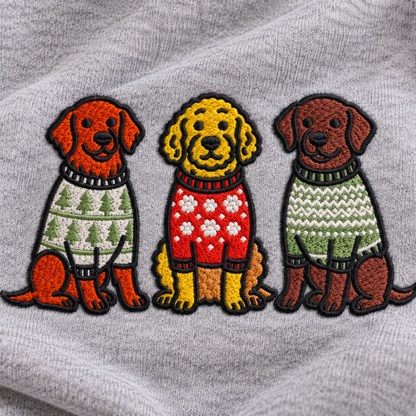 Close-up of three festive dogs machine embroidered in Christmas sweaters on heather grey fleece