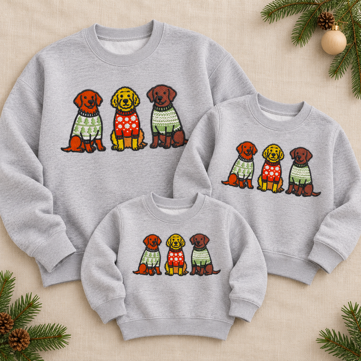 Adult youth and toddler heather grey sweatshirts with matching Christmas dog embroidery