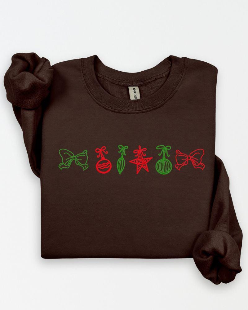 Close-up product view of red and green Christmas ornament embroidery