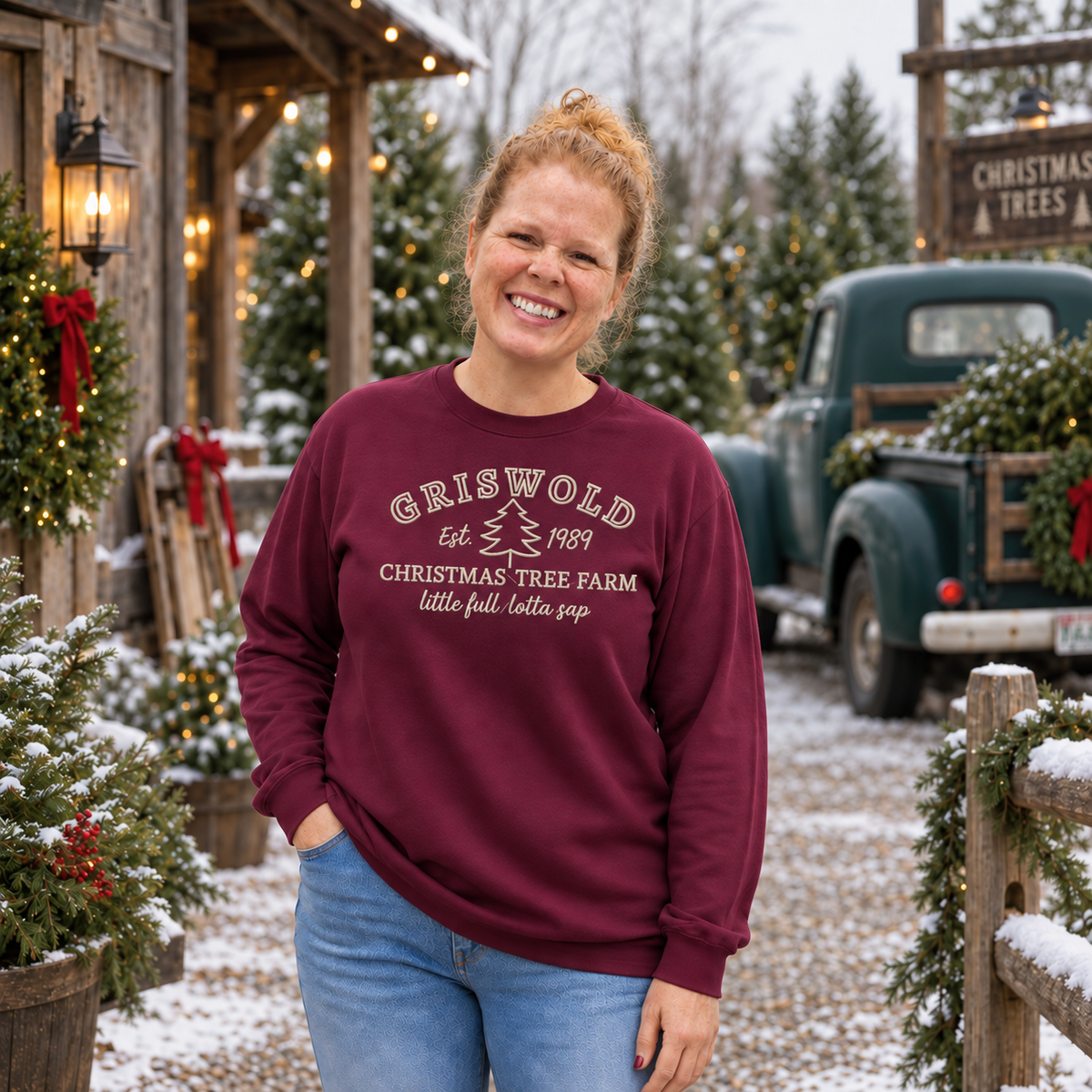 Maroon embroidered Christmas tree farm crewneck in a rustic holiday tree farm setting