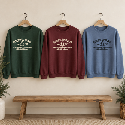 Forest green, maroon and stone blue Christmas tree farm sweatshirt color options