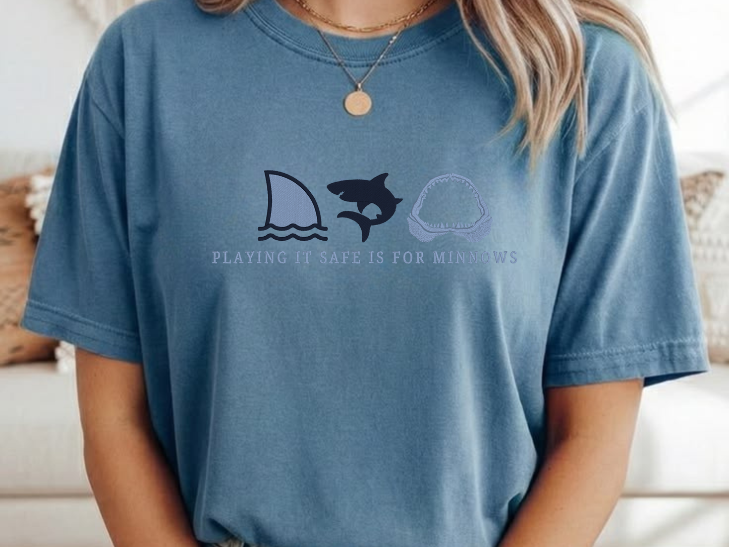 Embroidered comfort colors blue jean t-shirt with shark graphics and text.