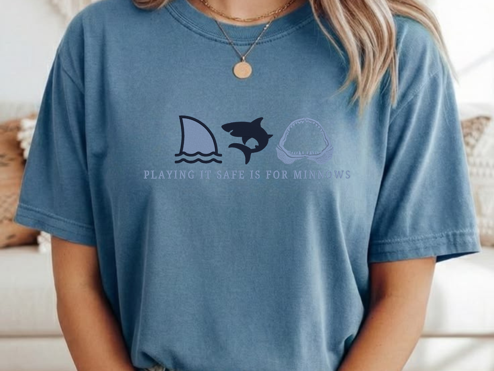 Embroidered comfort colors blue jean t-shirt with shark graphics and text.