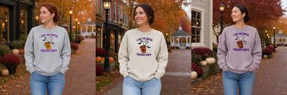 I Like My Coffee Freshly Boo'd embroidered sweatshirt shown in Sport Grey, Sand and Paragon