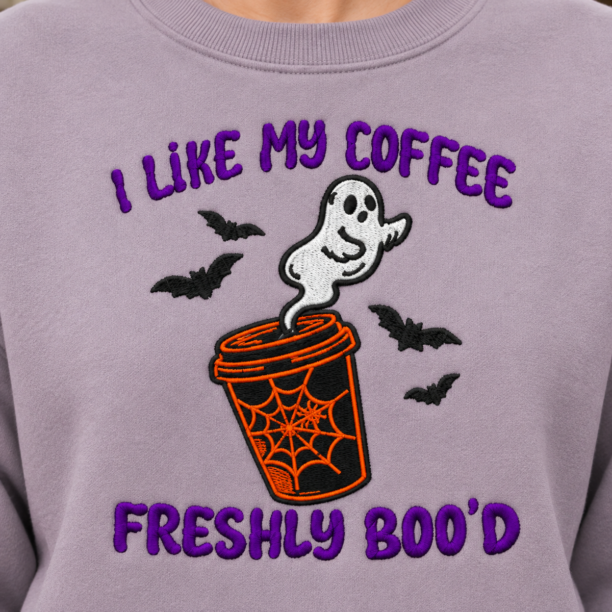 Close detail of I Like My Coffee Freshly Boo'd embroidery on Paragon