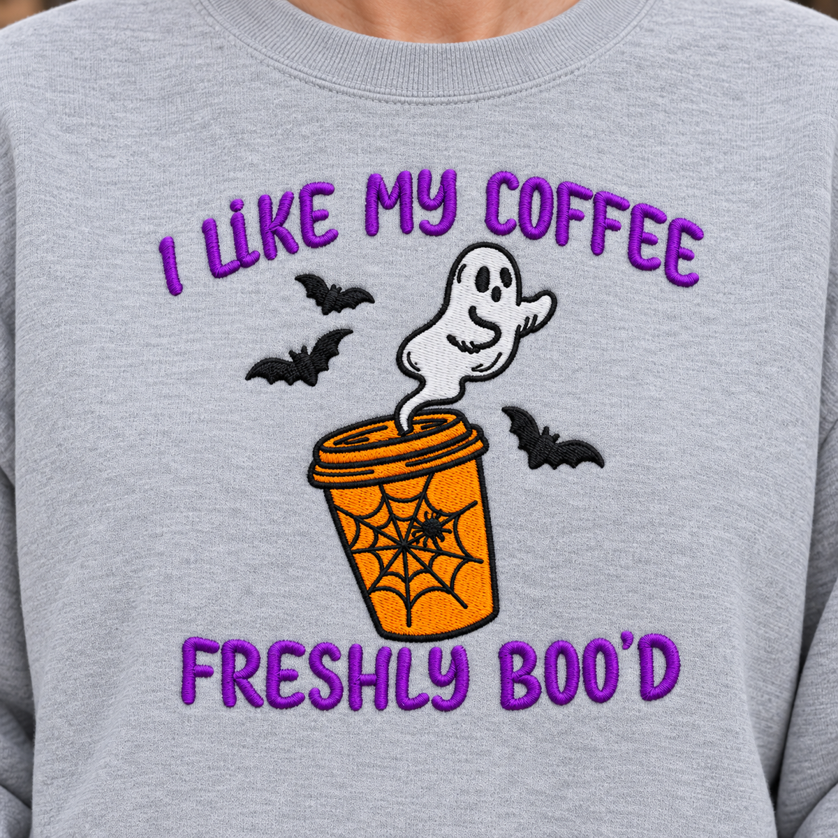Close detail of I Like My Coffee Freshly Boo'd embroidery on Sport Grey