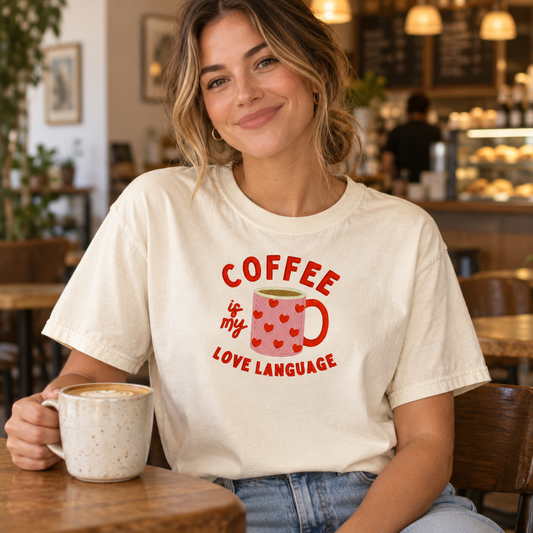 Woman wearing Ivory Comfort Colors 1717 coffee embroidered shirt