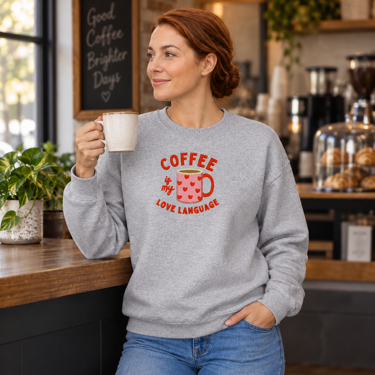 Woman wearing Sport Grey Gildan Softstyle coffee embroidered sweatshirt