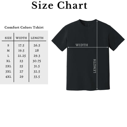 Comfort Colors 1717 adult T-shirt size chart for sizes S through 3XL