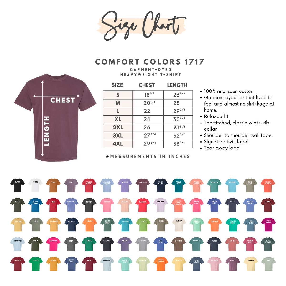 Comfort Colors 1717 short-sleeve shirt size and color chart