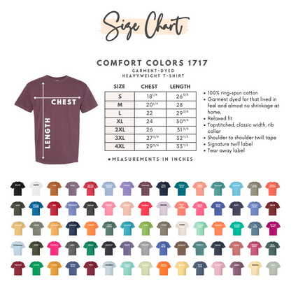 Comfort Colors 1717 short-sleeve shirt size and color chart