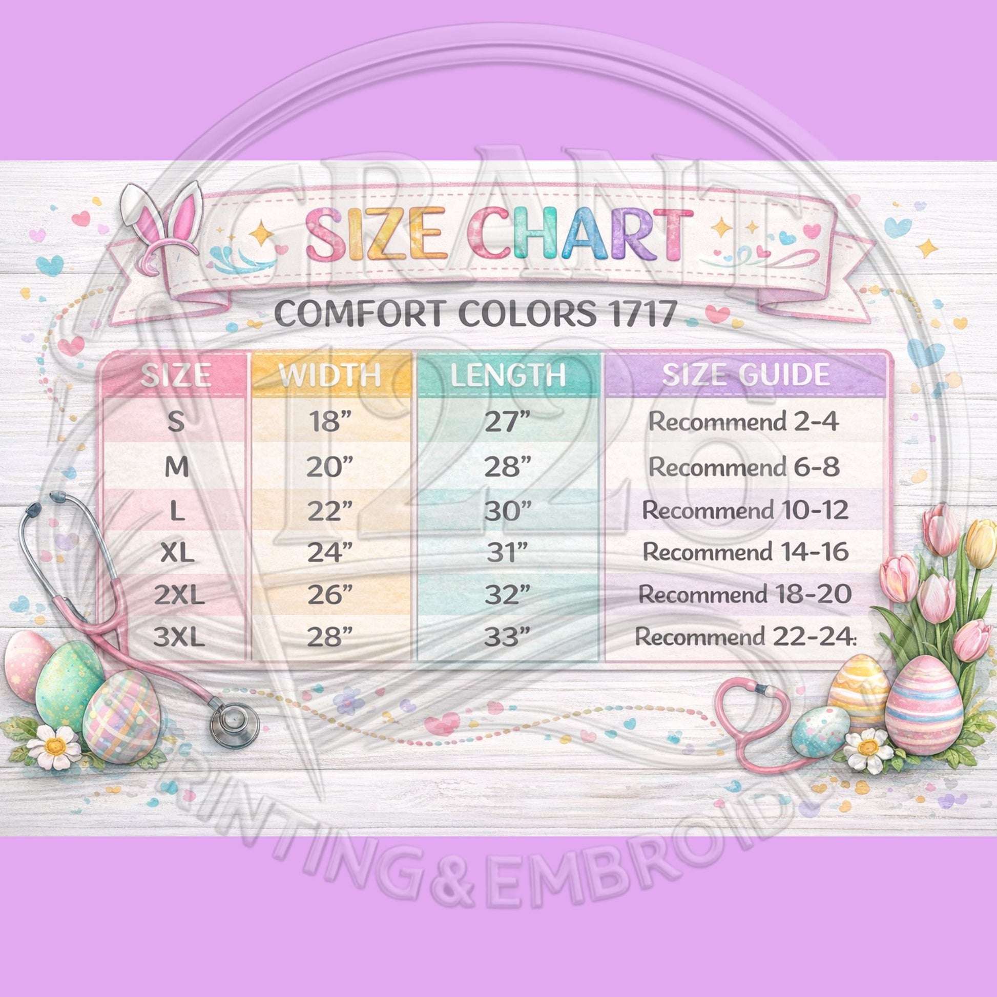 Comfort Colors 1717 medical assistant shirt size chart