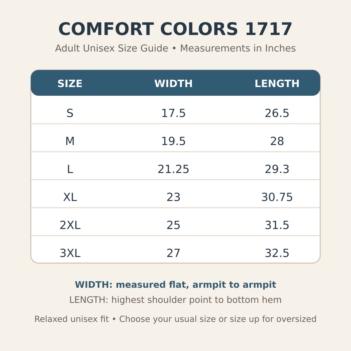 Comfort Colors 1717 adult unisex shirt size guide S through 3XL