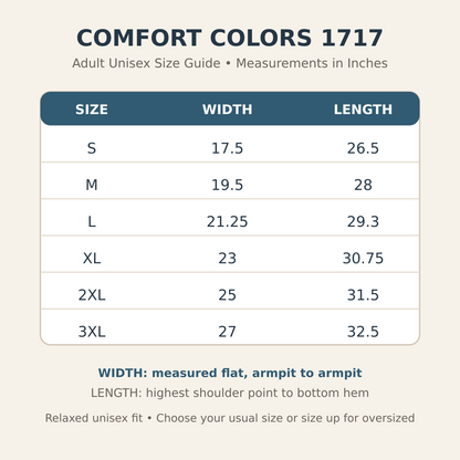 Comfort Colors 1717 adult unisex shirt size guide S through 3XL