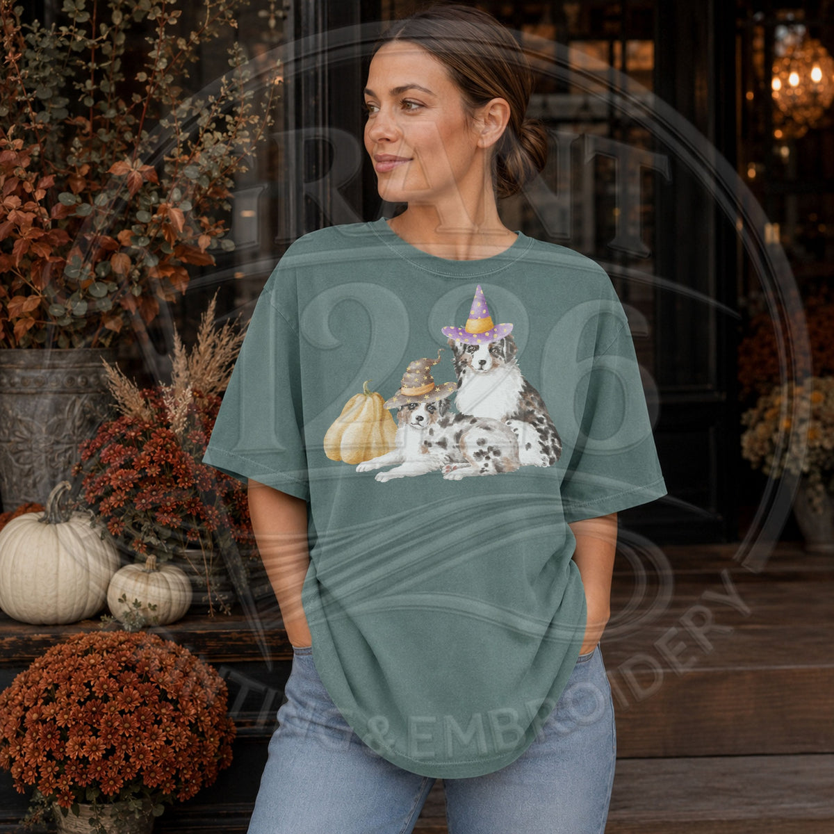 Blue Spruce Aussie witch dog Halloween short sleeve shirt