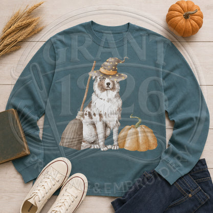 Blue Spruce Australian Shepherd witch long-sleeve Halloween shirt flat lay