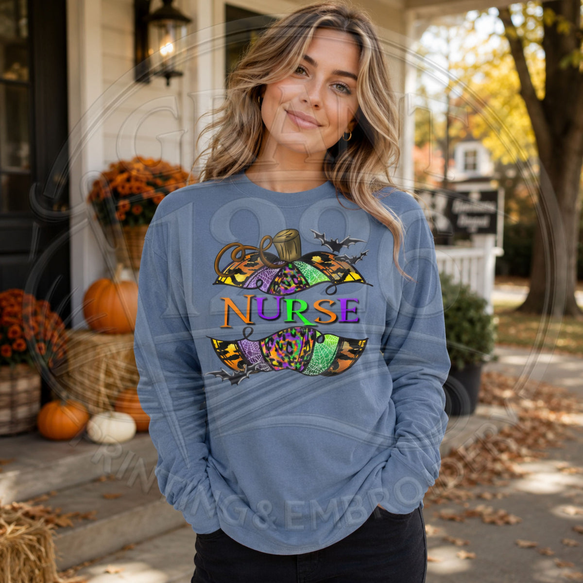 Comfort Colors Blue Jean long sleeve Halloween nurse shirt with patterned pumpkin and bats