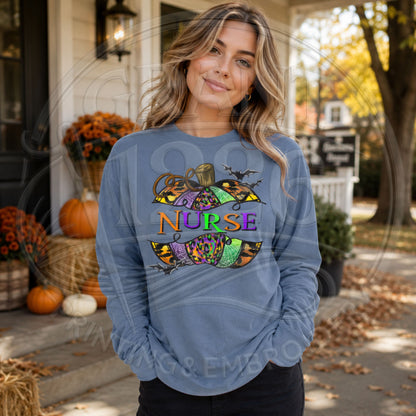 Comfort Colors Blue Jean long sleeve Halloween nurse shirt with patterned pumpkin and bats