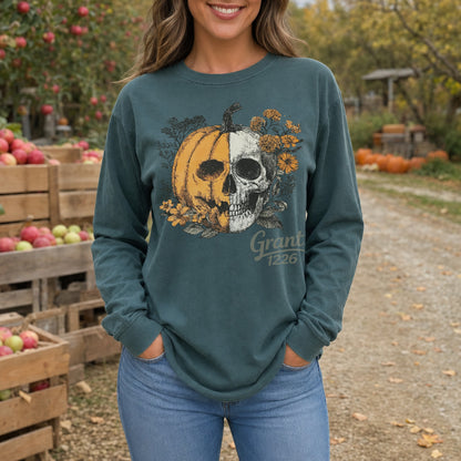 Comfort Colors Blue Spruce long sleeve shirt with floral pumpkin skull design