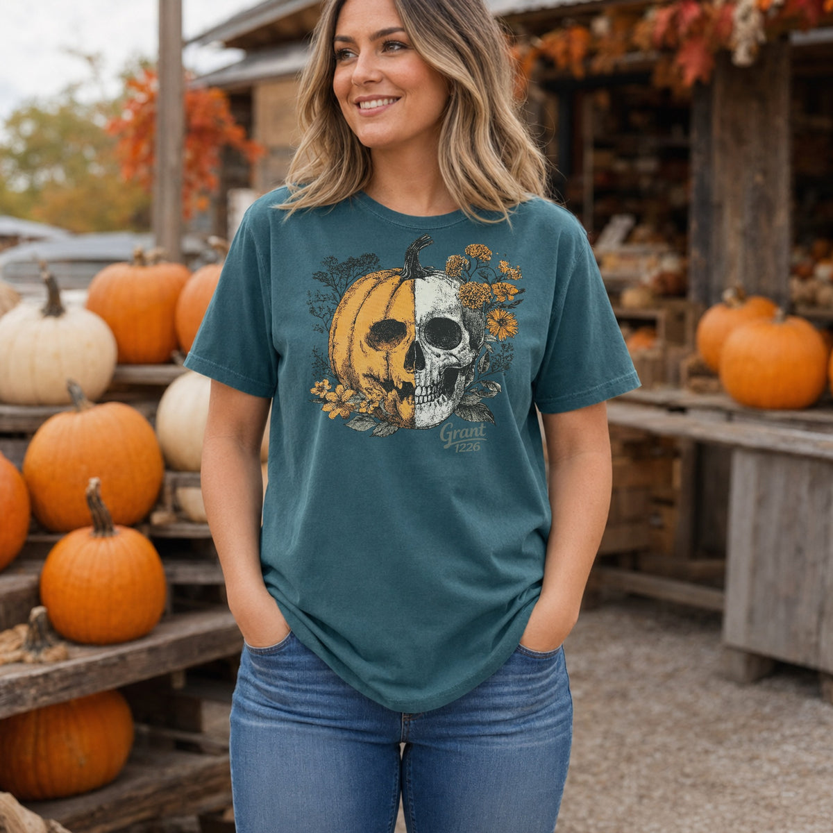 Comfort Colors Blue Spruce short sleeve shirt with floral pumpkin skull design at pumpkin patch