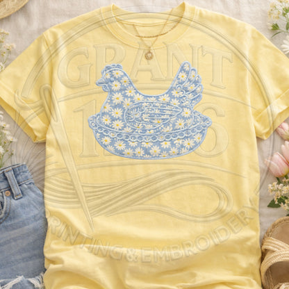 Butter yellow farmhouse chicken applique embroidery shirt styled flat lay