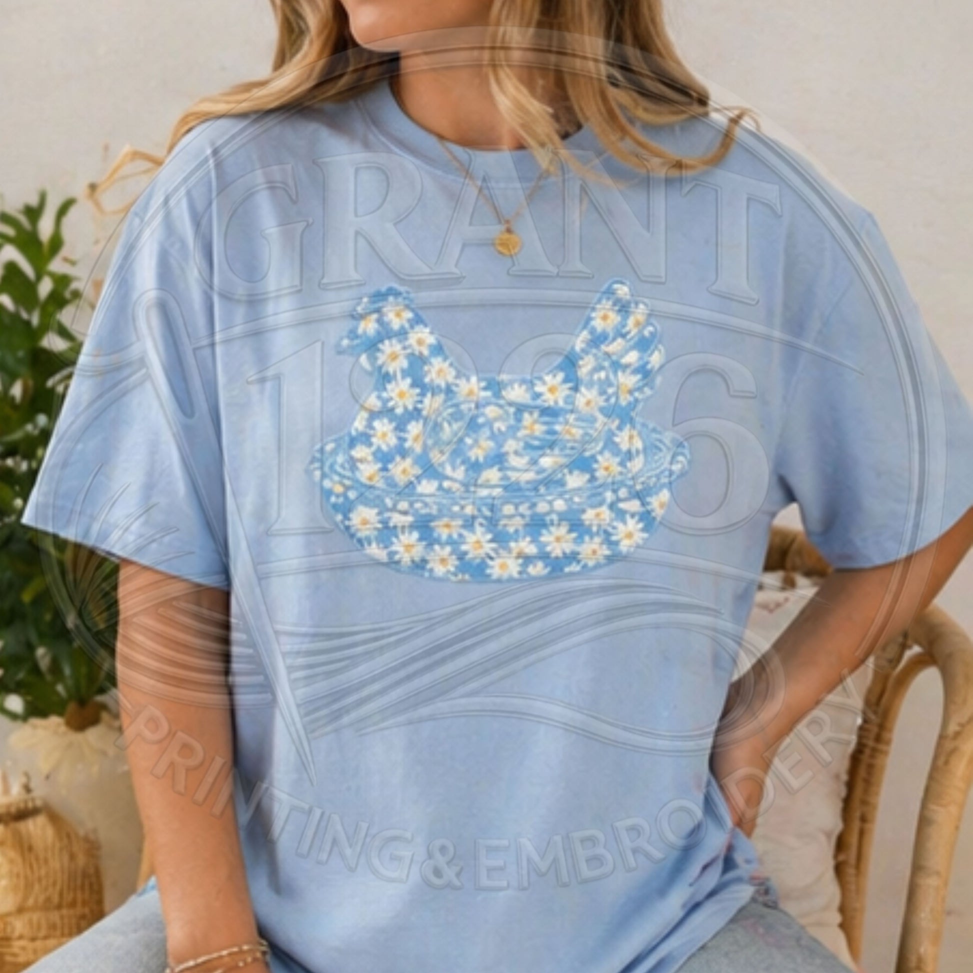 Women’s chambray blue chicken applique embroidered boutique shirt