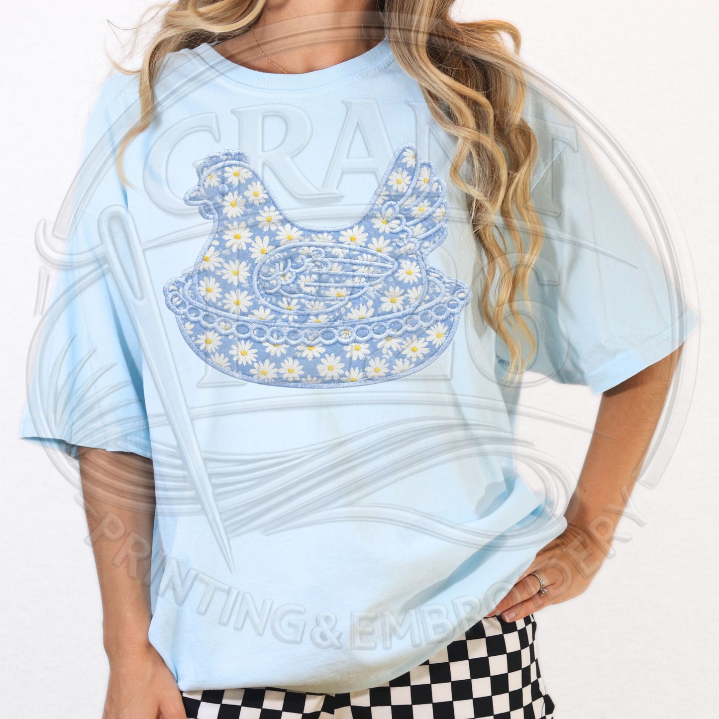 Chambray blue embroidered floral chicken Comfort Colors shirt