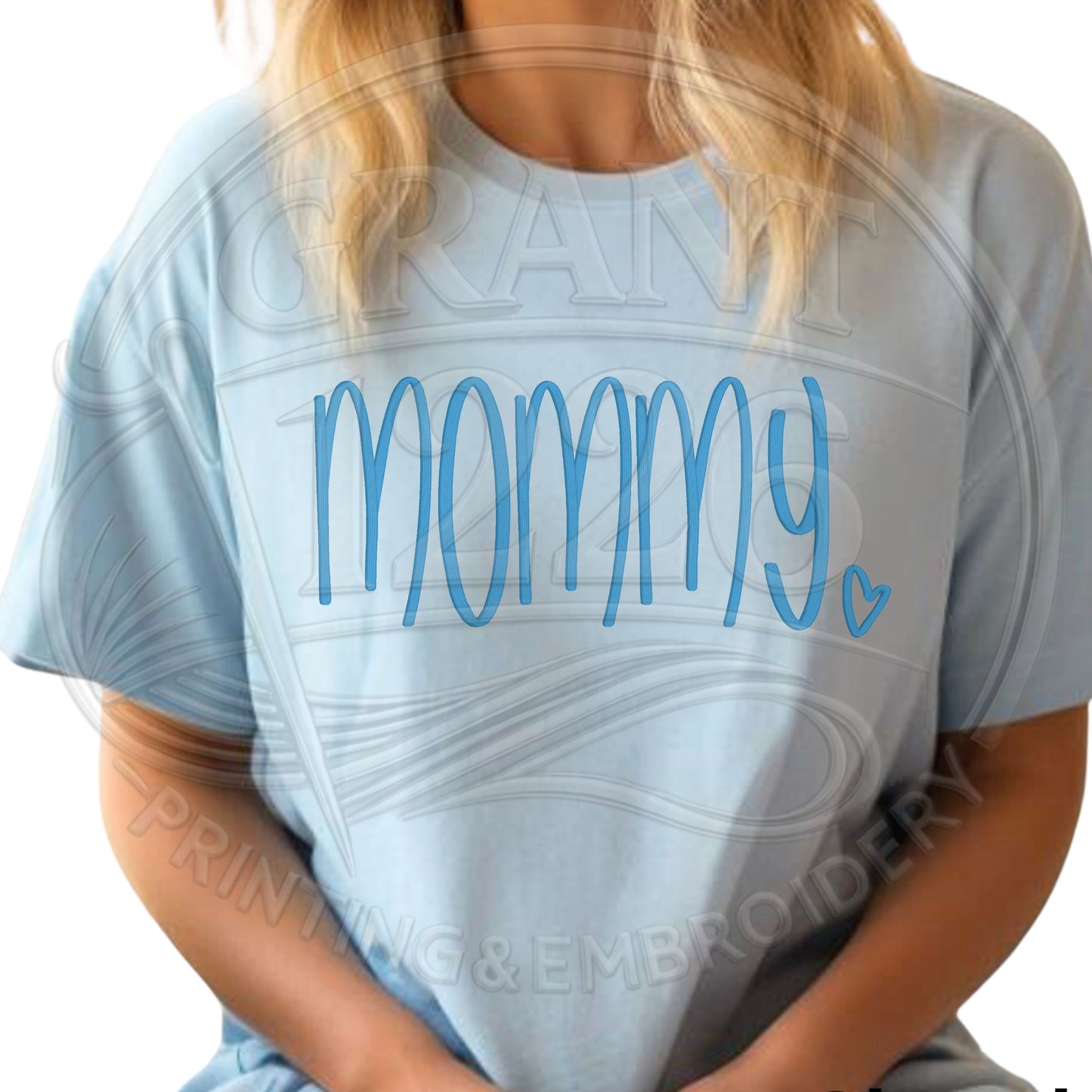 Blue minimalist mommy shirt embroidered on Comfort Colors shirt
